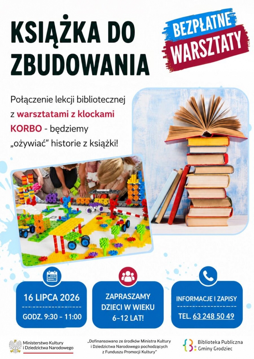 Lekcja biblioteczna i warsztaty z klockami korbo w Bibliotece Grodziec